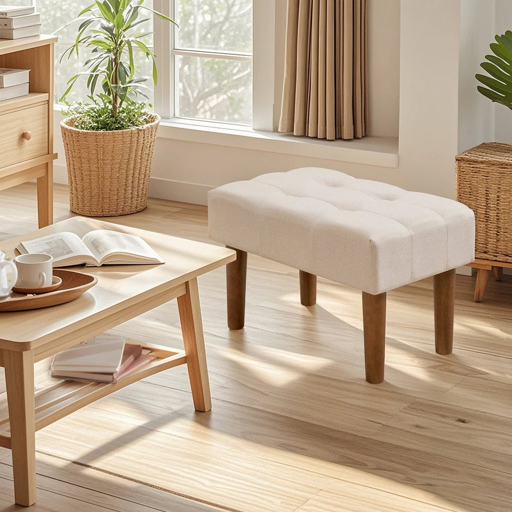 Hocker mit Holzbeinen, Leinenbezug