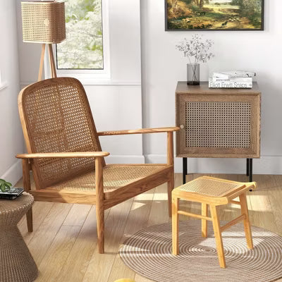 Schminkhocker aus Bambus mit Rattan-Sitzfläche